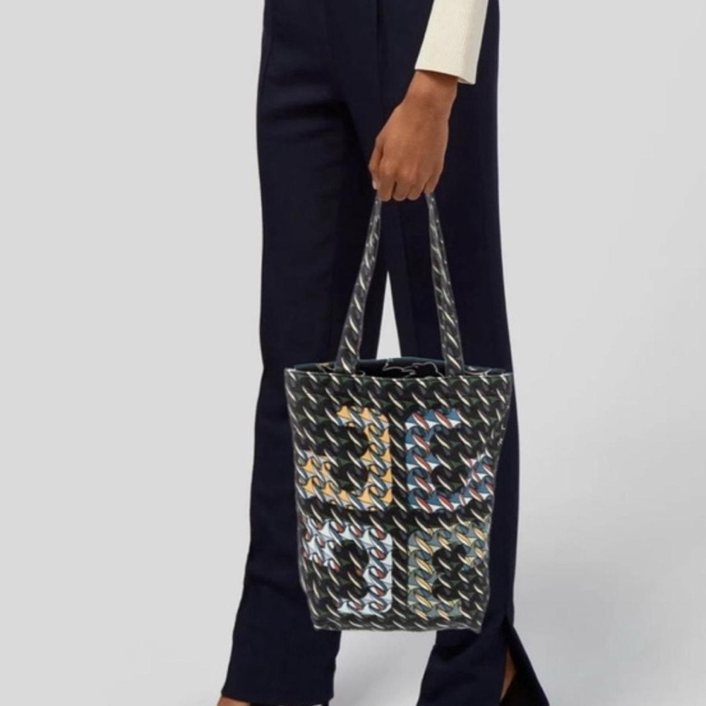 Tory Burch Printed Canvas Open Tote Curly Ribbon Swan Black- NWOT - Picture 5 of 12